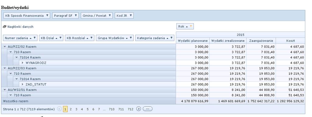 Raport finansowy OLAP przedstawia plan budżetu, wykonanie wydatków, zaangażowanie i