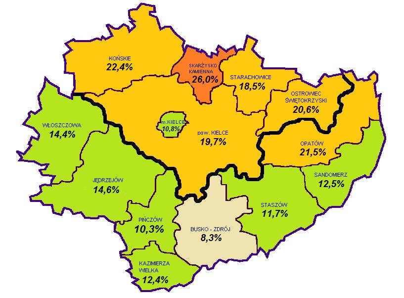 Powiaty Liczba bezrobotnych w województwie Liczba bezrobotnych maj 2013 r. 86.160 1 kielecki 14.358 2 m. Kielce 11.873 3 ostrowiecki 8.928 4 skarżyski 7.495 5 starachowicki 7.283 6 konecki 7.