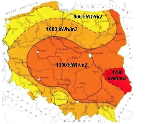 Rysunek 6.1. Rozkład natężenia promieniowania słonecznego na obszarze Polski Źródło: www.cire.