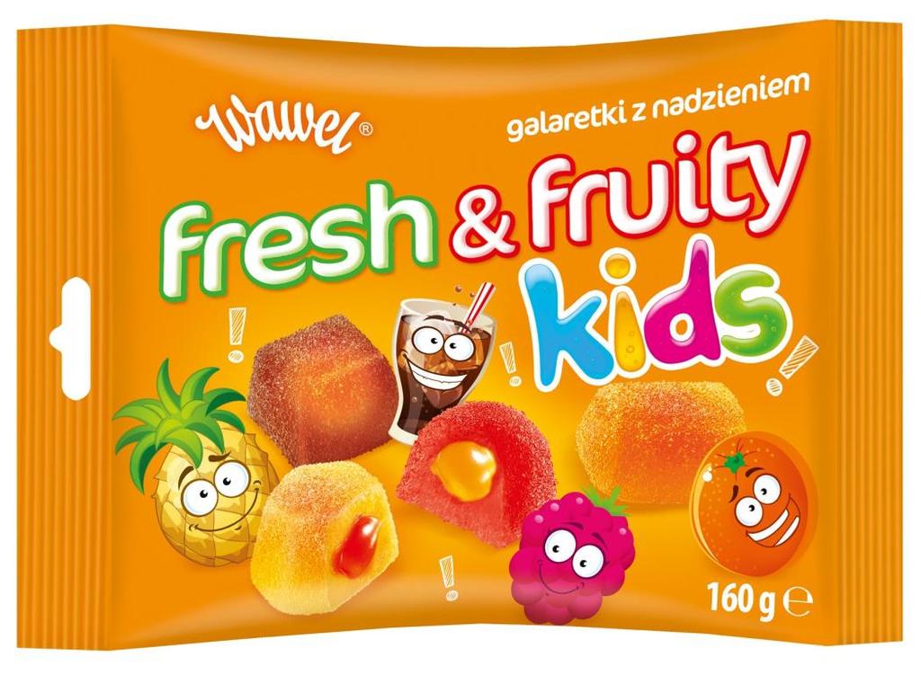 2. Galaretki Fresh&Fruity Kids 160g Składniki: cukier, syrop glukozowy, woda, substancja żelująca: pektyny; regulator kwasowości: kwas cytrynowy; aromaty, koncentraty owocowe 0,2% (ananasowy,