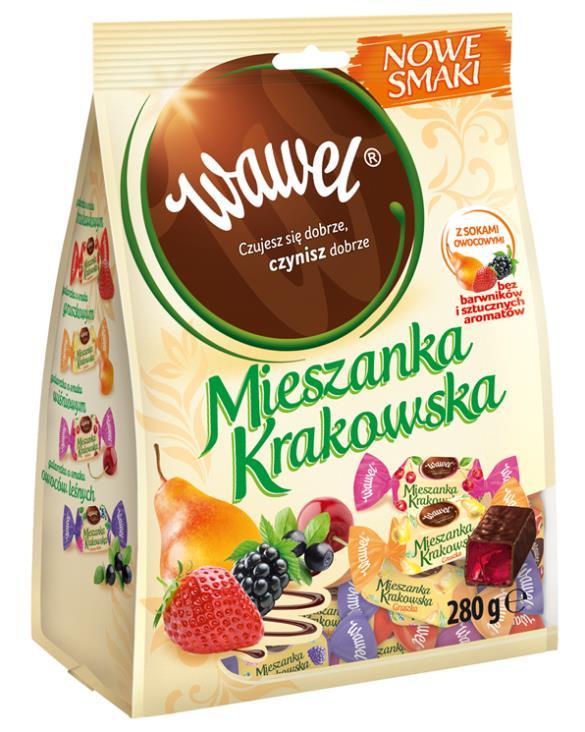 5. Mieszanka Krakowska Nowe Smaki 280g Galaretki w czekoladzie. Oprócz tłuszczu kakaowego czekolada zawiera tłuszcze roślinne.