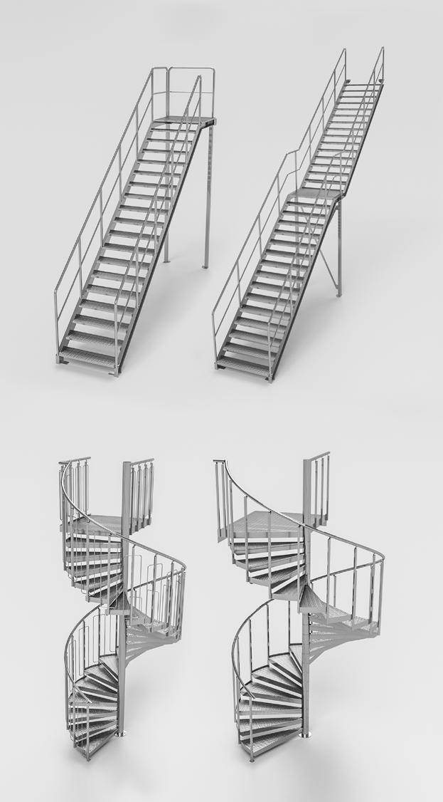 SCHODY PRZEMYSŁOWE proste JEDNOBIEGOWE WIELOBIEGOWE Architectural Metalwork SCHODY PRZEMYSŁOWE Główne zastosowanie to dostęp w budynkach przemysłowych (hale magazynowe, zbiorniki,