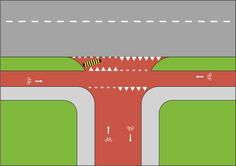 Rysunek 12: Projekt skrzyżowania z zastosowaniem progu spowalniającego zwanego haskim pagórkiem, opracowanie własne W przypadku projektowania ciągów rowerowych przez obszary o dużej ilość wjazdów i