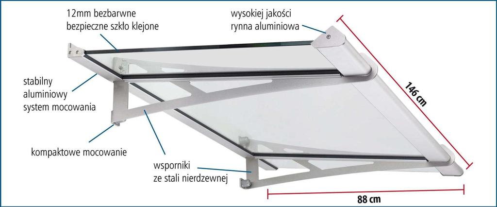 Daszki ze stali nierdzewnej ze szkłem mineralnym Seria LIGHTLINE Asortyment (kolor wypełnienia ze szkła mineralnego) (A x B) Cena netto Daszek ze szkła mineralnego: wymiary: A (szerokość) x B