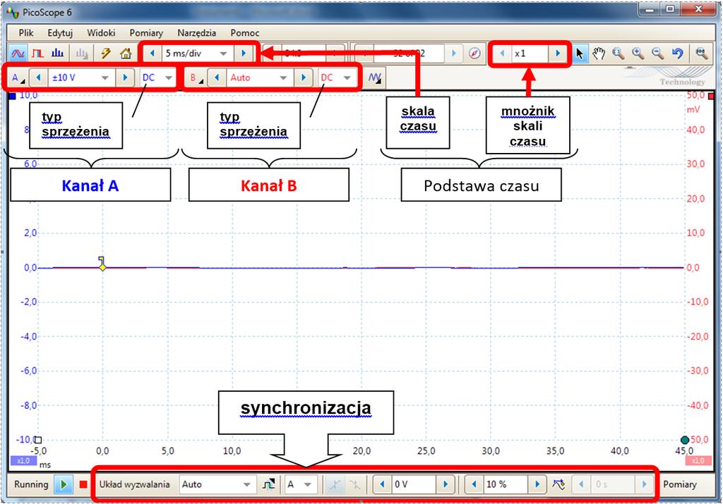 Podstawy Automatyki 4 5 4 Przebieg ćwiczenia 1. Uruchomić program PicoScope 6. Ustawić parametry oscyloskopu zgodnie z rys. 5. Rysunek 5: Ustawienia początkowe parametrów oscyloskopu 2.