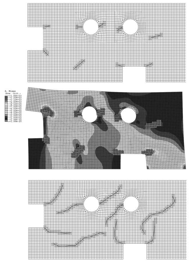 Rys. 9. Problem propagacji wielu karbów metod XFEM, ABAQUS 6.9/Standard [17]. U góry pocz tkowa geometria i uk ad karbów. W rodku wyt enie Hubera dla pocz tkowej geometrii.