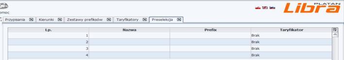 11.5.Preselekcja Libra ver. 2.02.xx W zakładce preselekcja można ustawić taryfikację dla połączeń wykonanych z wykorzystaniem prefiksu dowolnego operatora, np. 1033, 1044, inne. 11.6.