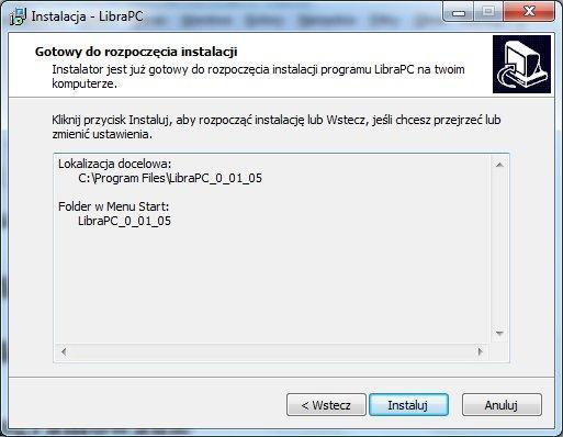 Potwierdź dane instalacji wybierając opcję Instaluj. Libra ver. 2.02.