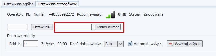 W oknie podglądu stanu linii GSM można dokonać również zmiany numeru własnego karty SIM (przycisk Ustaw numer).