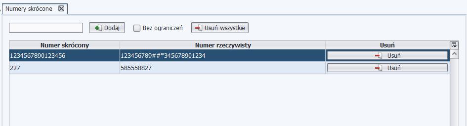 Po zaznaczeniu opcji Bez ograniczeń powoduje, że dla wszystkich zdefiniowanych numerów skróconych po ich wybraniu nie będzie sprawdzania ograniczeń w tablicach numerów dozwolonych/zabronionych. 7.8.