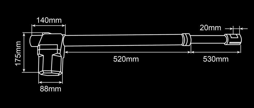 Długość skrzydła Masa skrzydła Moc silnika do 4m max 350kg 230V AC 50Hz 350W Pobór prądu max 1,8A Wysuw siłownika 400mm -20 C / +70 C Prędkość wysuwu 1,8 cm/sek Awaryjne otwieranie klucz mechaniczny