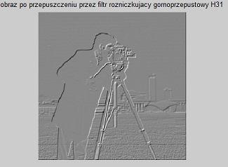 a) różniczkujący - górnoprzepustowy (detekcja krawędzi ukośnych): h 3 h 3 H3 nowy_obraz5=zeros(rozmiar); nowy_obraz5=conv(obraz,h3,'same'); figure(7) imshow(nowy_obraz5,[]) title('obraz po