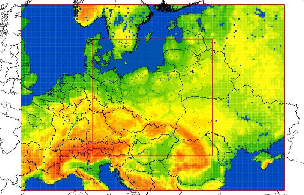 Model meteorologiczny WRF ARW Obliczenia prowadzone są w projekcji stożkowej konforemnej Lamberta.