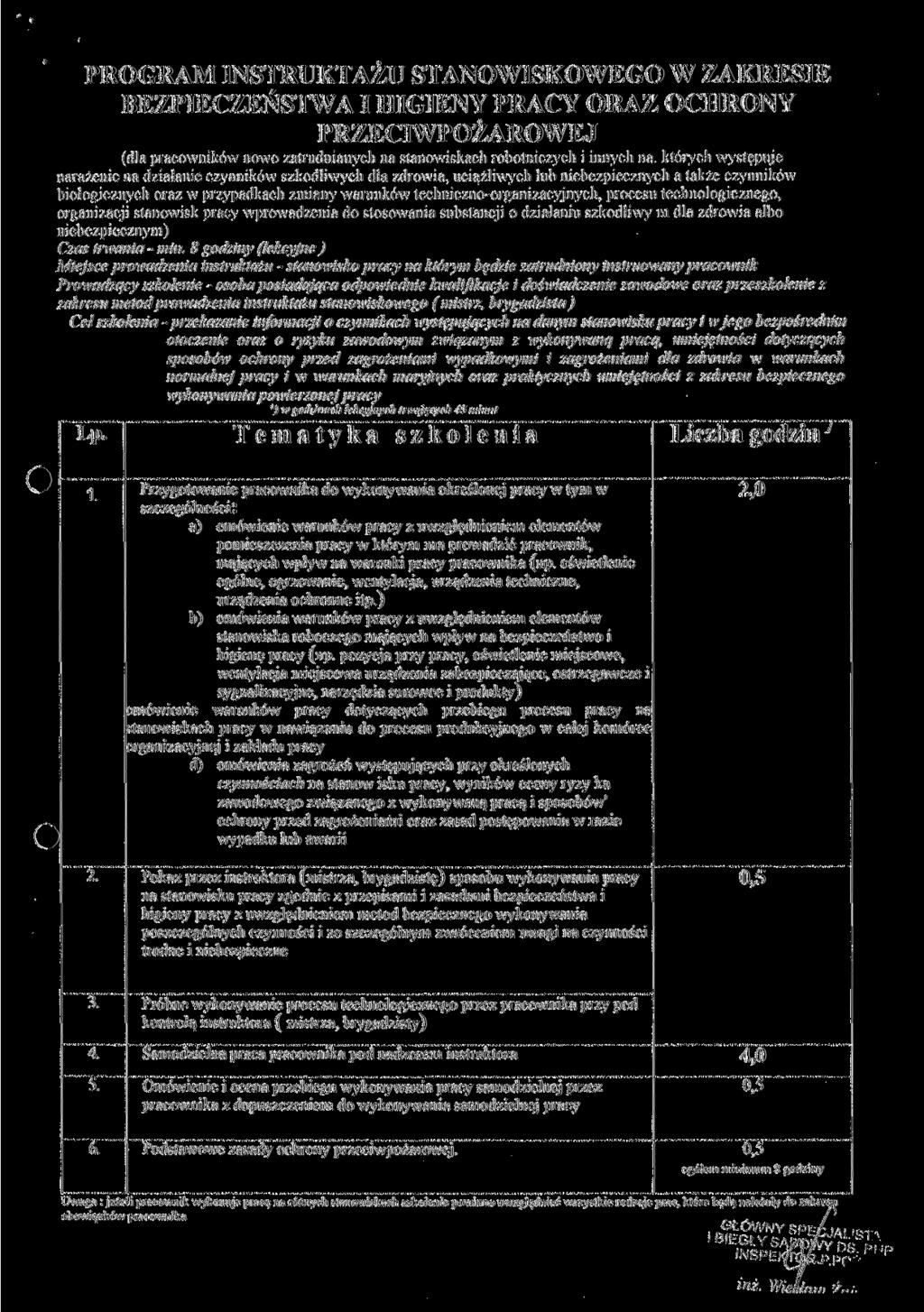 PROGRAM INSTRUKTAŻU STANOWISKOWEGO W ZAKRESIE BEZPIECZEŃSTWA I HIGIENY PRACY ORAZ OCHRONY PRZECIWPOŻAROWEJ (dla pracowników nowo zatrudnianych na stanowiskach robotniczych i innych na.