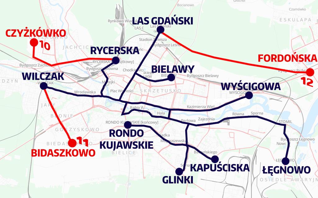 Zadanie egzaminacyjne Miejskie Zakłady Komunikacyjne w Bydgoszczy uruchomiły trzy nowe linie tramwajowe zgodnie z przedstawionym Schematem sieci w Bydgoszczy.