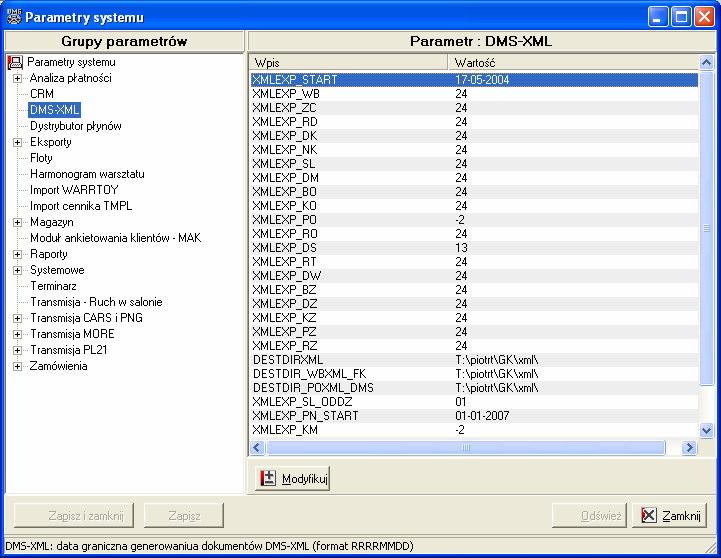 Ekran 3 Parametry systemu ToyDMS z zaznaczoną pozycją DMS-XML. Kolejne pozycje oznaczają czas po którym poszczególne dokumenty (DS, DZ, PZ, WZ, itd.