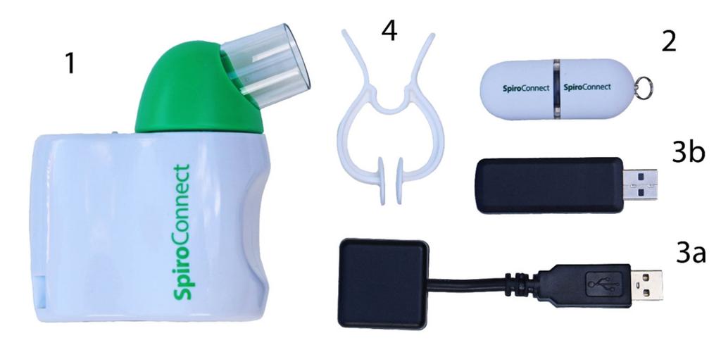 2 Skład Zestawu: W skład zestawu spirometru SpiroConnect wchodzą 2 Baterie Alkaiczne AA (LR6), Skrócona instrukcja obsługi, certyfikat kalibracji i nastepujące elementy: 1 Spirometr SpiroConnect 2
