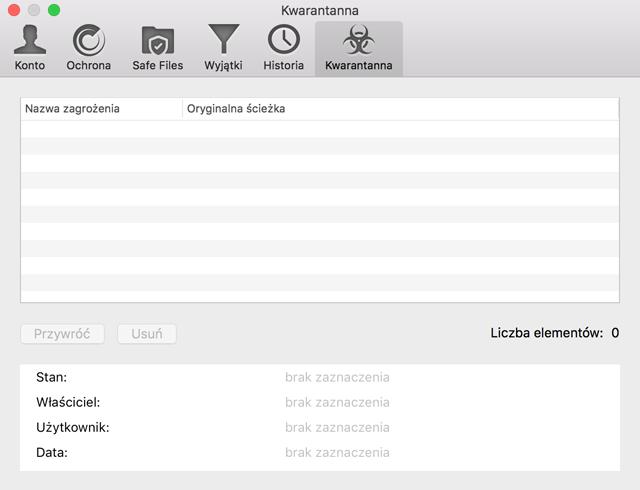 Pliki Kwarantanny Sekcja Kwarantanny pokazuje wszystkie pliki aktualnie odizolowane w folderze Kwarantanny.