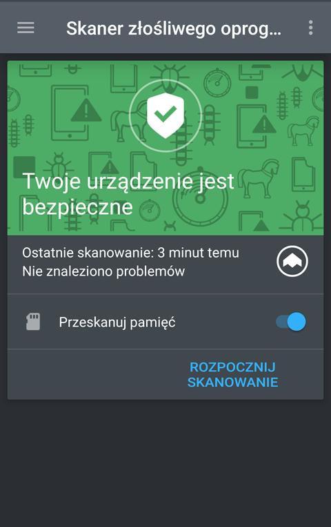 Notatka Dodatkowe uprawnienia są wymagane na Android 6 dla funkcji Skaner Malware.