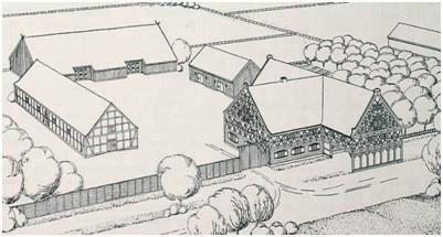 80 II) Dom z podcieniem szczytowym, z dobudowanym skrzydłem bocznym. Rozwój nastąpił w XVII wieku. Domy posiadały dwukondygnacyjną sień, z której dostępna była większość pomieszczeń.