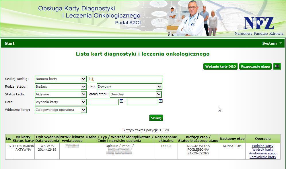 o ED - potwierdzenie wystawienia karty w ramach leczenia szpitalnego Część F konsylium - wypełnia się w procesie leczenia szpitalnego [etap Konsylium] o FA - identyfikator karty (nadawany przez