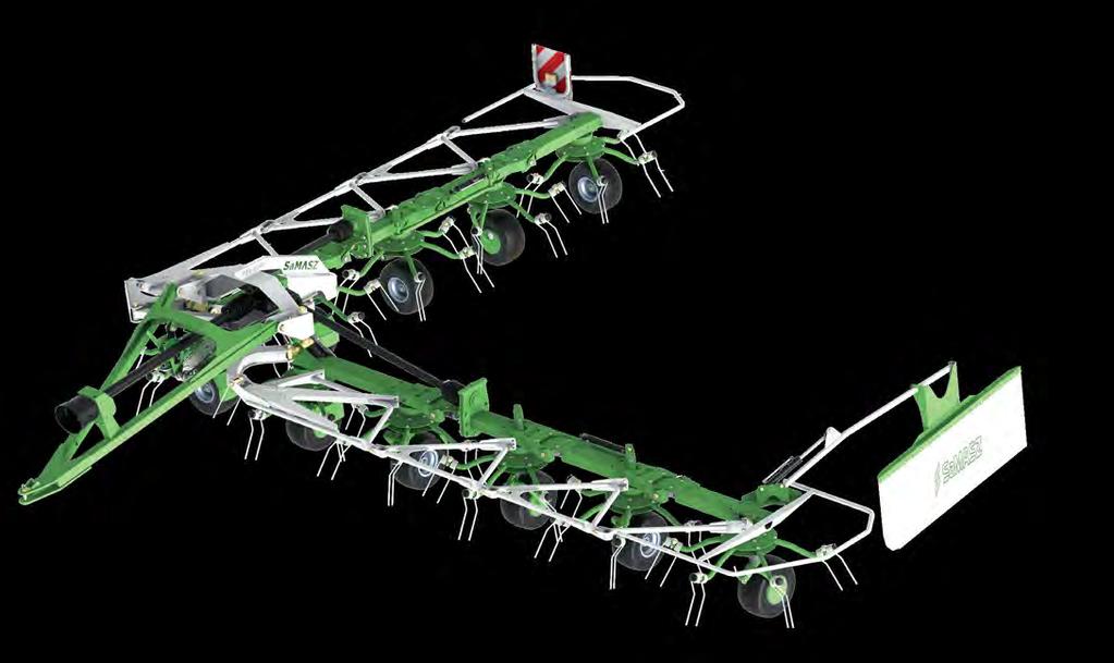 Bliskie mocowanie kół względem palców przetrząsacza umożliwia doskonałą adaptację do ukształtowania podłoża, zabezpieczając tym samym przed zanieczyszczeniem pokosu glebą.