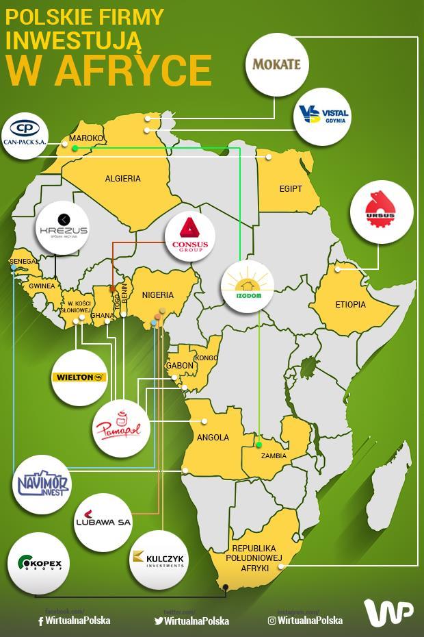 Polskie firmy w Afryce (przykłady) Na podstawie dotychczasowych doświadczeń najbardziej obiecującymi sektorami współpracy z państwami Afryki są: rolnictwo URSUS, WIELTON, Feerum (silosy) spożywczy