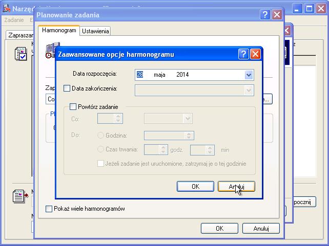 Pojawia się okno "Zaawansowane opcje harmonogramu". Kliknij Anuluj.