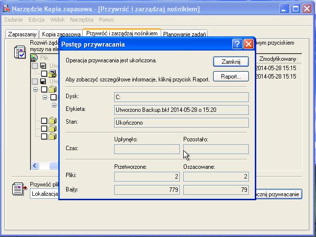 Pojawia się okno "Postęp przywracania". Kiedy przywracanie zostanie zakończone, kliknij przycisk Zamknij. Przejdź do pulpitu.