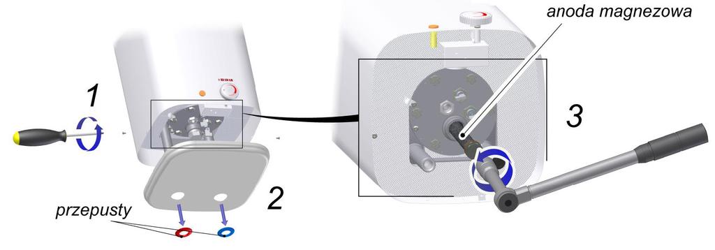 zdemontowanie urządzenia. W tym celu należy: 1. Odłączyć podgrzewacz od zasilania elektrycznego (wyjąć wtyczkę z gniazdka elektrycznego) i poczekać do całkowitego wystygnięcia wody w zbiorniku. 2.