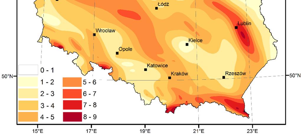 Kartogram sporządzono na podstawie modelu GeoidPol_2008CN, z którego pobrane składowe, przeliczono na maksymalne nachylenie max zgodnie z zależnością (4): / = 1km = + 1km (4) Wartości maksymalnego