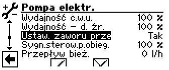 Otworzyć całkowicie zawór przelewowy, zamknąć obiegi grzewcze. 2. Pozycję Ustaw. zaw. przelew. ustawić na Tak. Pompa obiegowa zacznie pracować z wydajnością 100% (maksymalną). 3.