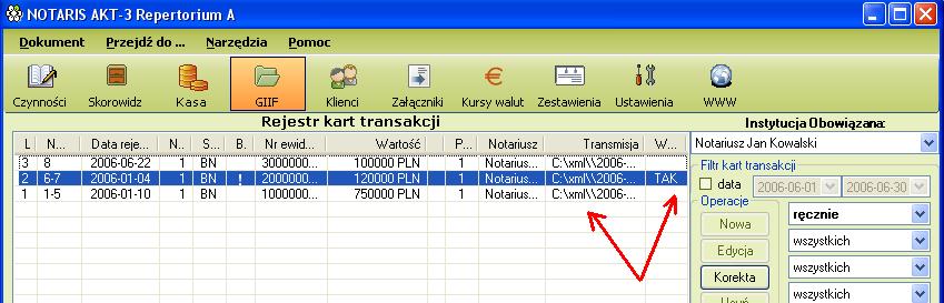 104), która nie ma numeru karty transakcji to znaczy została przypisana do czynności z importu repertorium lecz nie została wydrukowana ani nie został wygenerowany z niej plik XML.