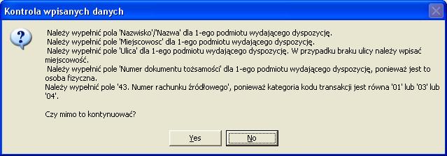 Po zakończeniu edycji uwag przyciskamy przycisk. System NOTARIS analizuje poprawność wprowadzonych danych i wyświetla komunikat, które dane pola wymagają uzupełnienia.