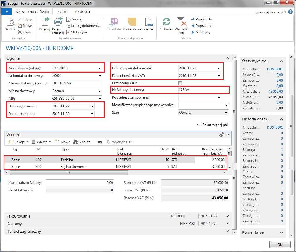 2 Faktura zakupu 2.1 Ewidencja faktury zakupu W ćwiczeniu wystawimy fakturę zakupu kilku komputerów od dostawcy HURTCOMP. Menu DziałyZakupPrzetwarzanie zamówieńfaktury zakupu.