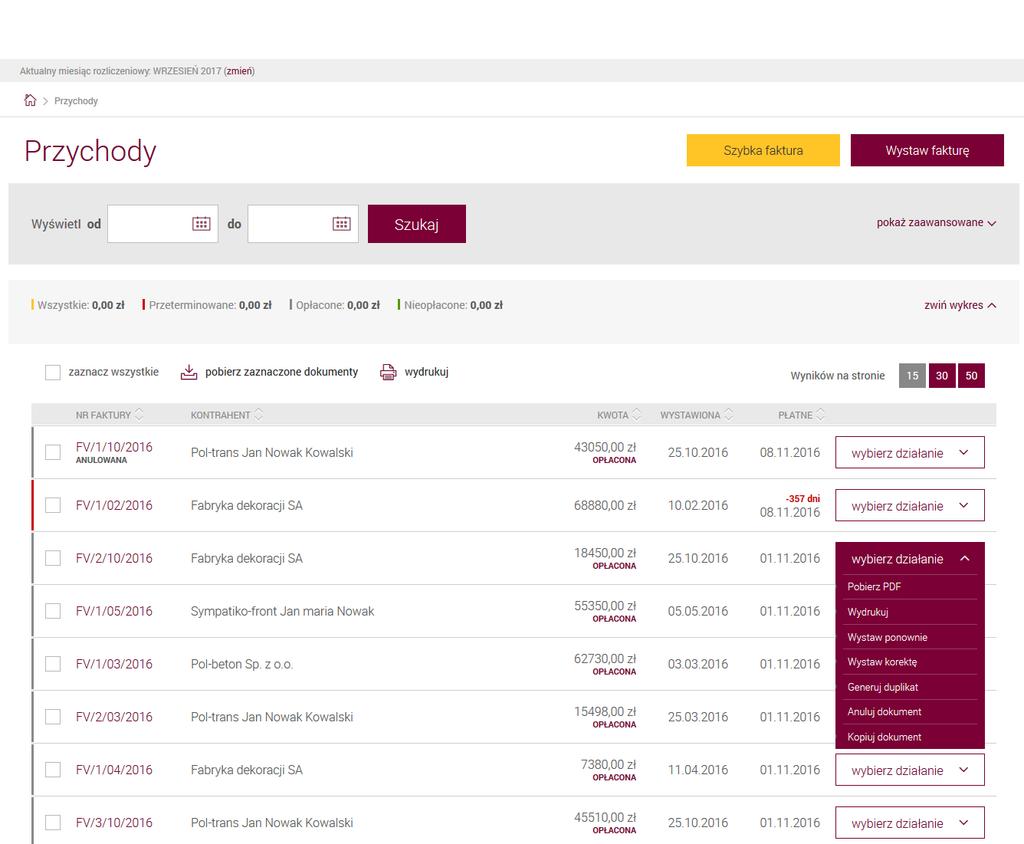 Klikając Wybierz działanie przy danej fakturze możesz