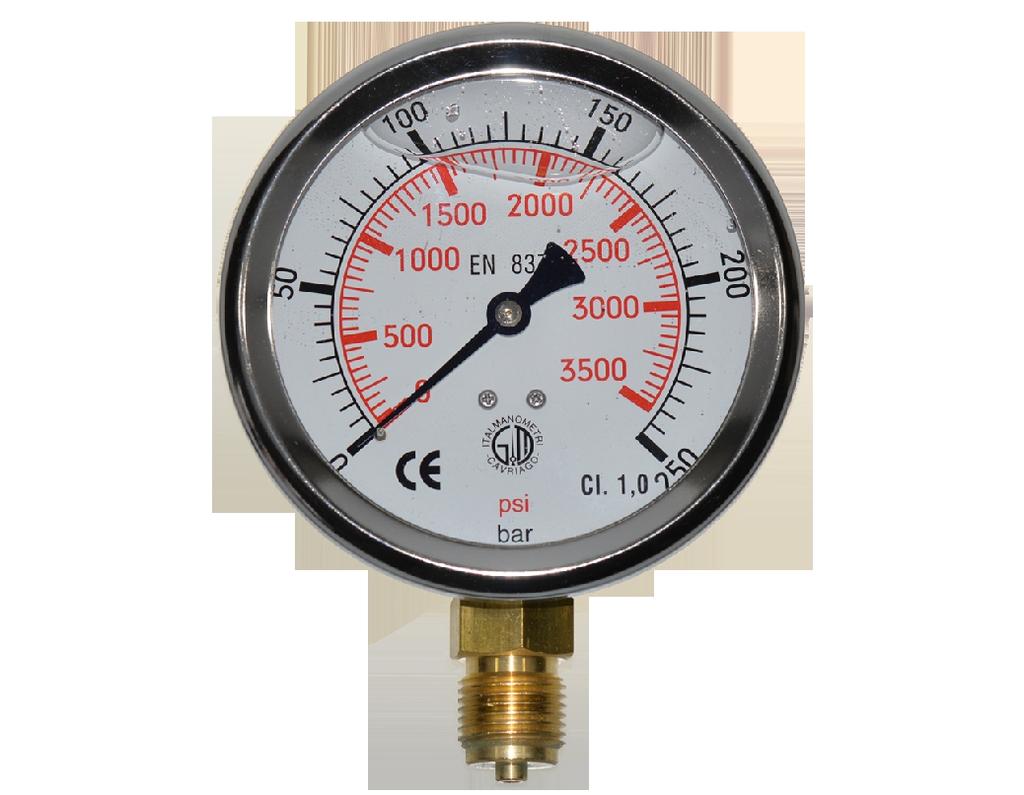 Manometr 100mm z rurką Bourdona z płynnym wypełnieniem oraz obudową ze stali nierdzewnej Zastosowanie: do pracy przy wstrząsach i wibracjach; do gazów i mediów ciekłych nielepkich i agresywnych