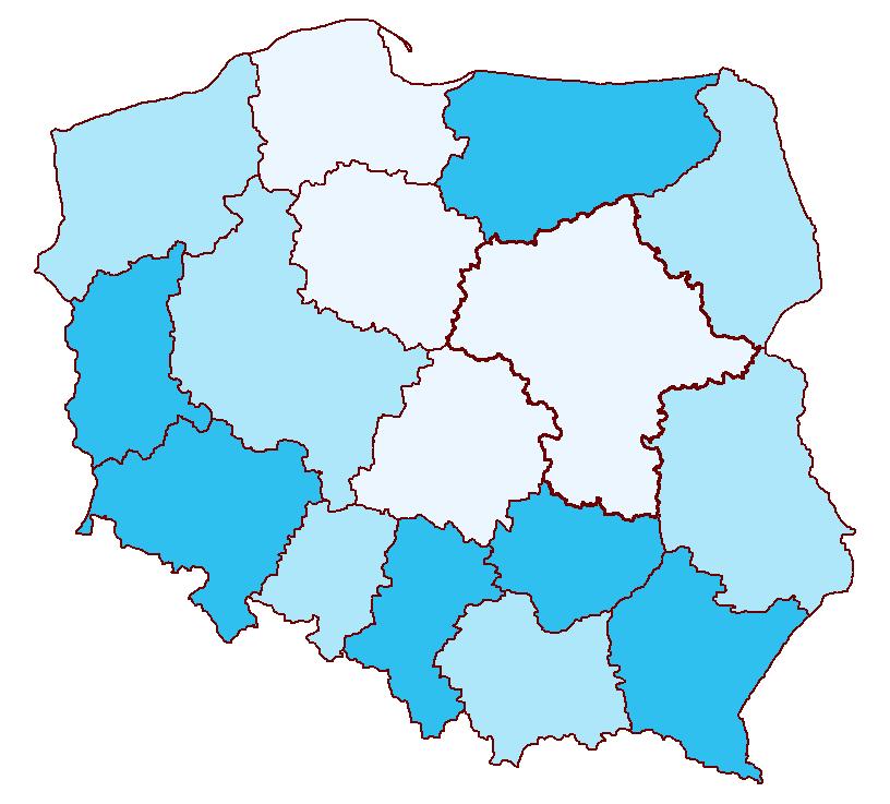 Udział gruntów należących do Samorządów Województw w ogólnej powierzchni województw 0,2% do 0,26% (6) 0,15% do 0,2% (6) 0,1% do 0,15% (4) (w nawiasie podano liczbę