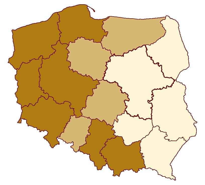 Udział terenów różnych w ogólnej powierzchni województw 0,3% do 0,4% (7) 0,2% do 0,3% (4) 0,1% do 0,2% (5) (w nawiasie podano liczbę województw)