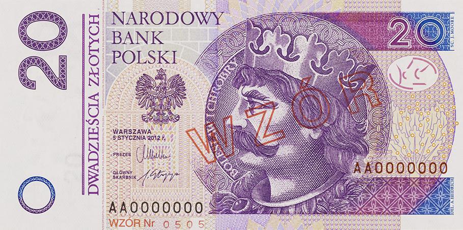 Awers banknotu W centralnej części portret króla Bolesława I Chrobrego inspirowany ryciną Jana Matejki.