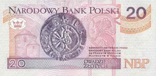 Rewers banknotu W centralnej części denar Bolesława Chrobrego srebrna moneta z okresu panowania Bolesława I Chrobrego.
