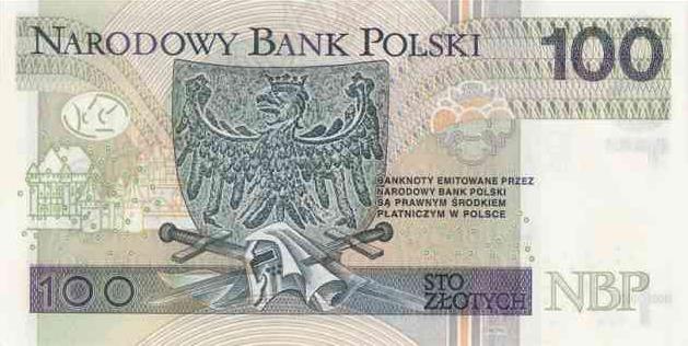 Rewers banknotu W centralnej części Orzeł Biały na tarczy herbowej z nagrobka Władysława II Jagiełły, poniżej