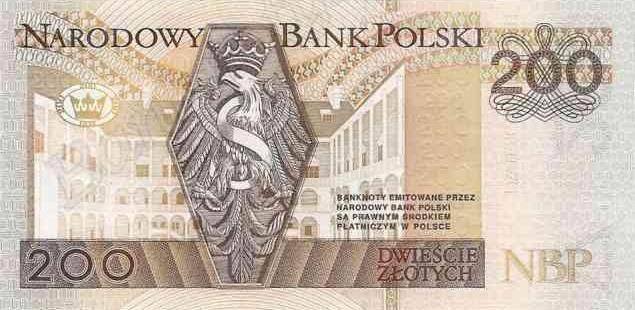 Rewers banknotu W centralnej części wizerunek orła przeplecionego literą S w sześcioboku z Kaplicy