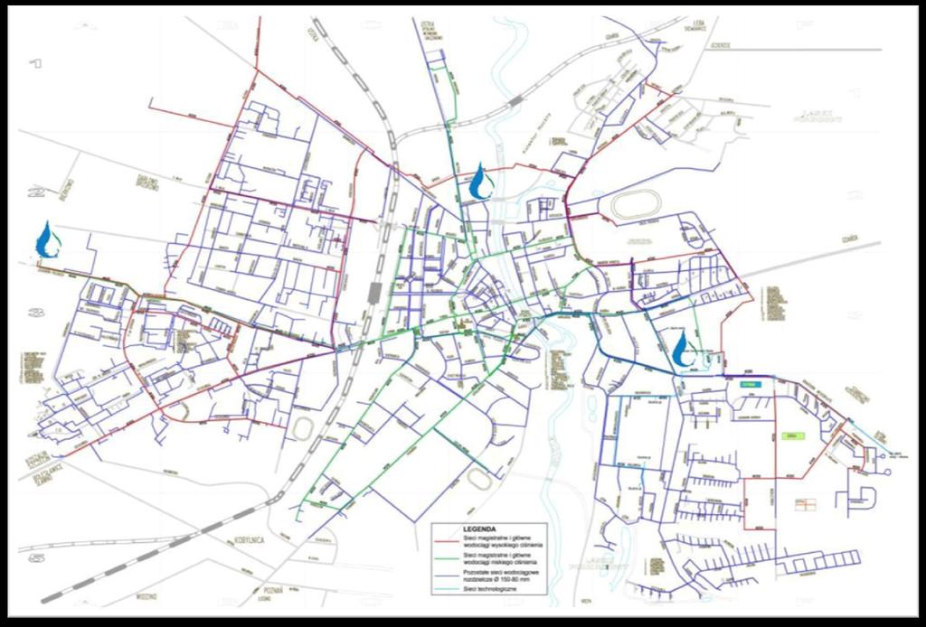 SIEĆ WODOCIĄGOWA Długość sieci wodociągowej ogółem: 280,4 km 164,5 km sieci rozdzielczej 70,2 km przyłączy wodociągowych Stopień