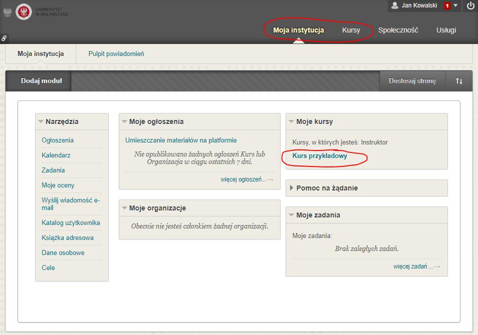 Po zalogowaniu się na platformie na górze strony widoczne są zakładki, najważniejsze to Moja instytucja oraz Kursy.