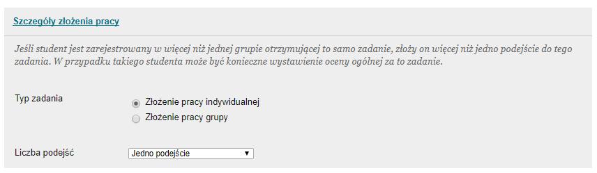 Możemy również ustawić Datę upływu terminu. Student po terminie nadal będzie miał możliwość wysłania rozwiązania, jednak będziemy mieli informację, że rozwiązanie zostało przesłane po terminie.