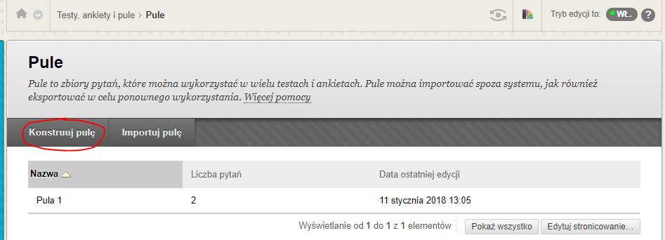 UWAGA. Aby było możliwe stworzenie bloku losowych pytań wcześniej należy stworzyć pulę z pytaniami. Tworzenie puli jest identyczne jak tworzenie testu.