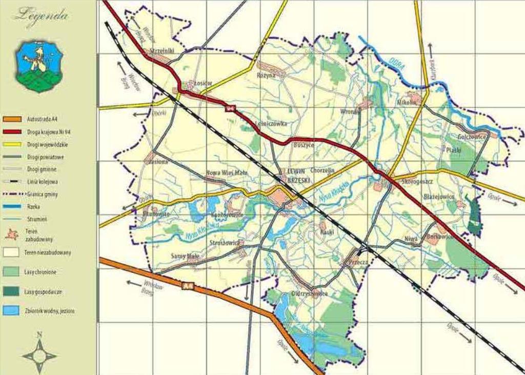 Rysunek 7. Mapa sieci dróg na terenie Gminy Lewin Brzeski Transport kolejowy Przez gminę Lewin Brzeski przebiega magistralna linia kolejowa nr 132 (E-30) o znaczeniu krajowym, relacji Wrocław Bytom.
