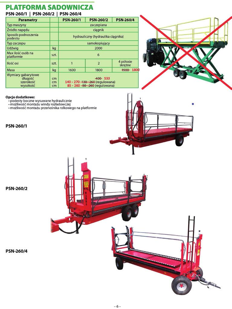 platforma sadownicza psn-260-1 psn-260/2 psn-260/4 PSN-260/1 PSN-260/2 PSN-260/4 zaczepiana ciągnik