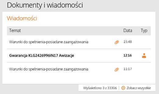 KROK 6 Wykonanie jednej z wymienionych w Kroku 5 czynności spowoduje zapisanie wiadomości w sekcji Wiadomości w module Dokumenty i wiadomości.